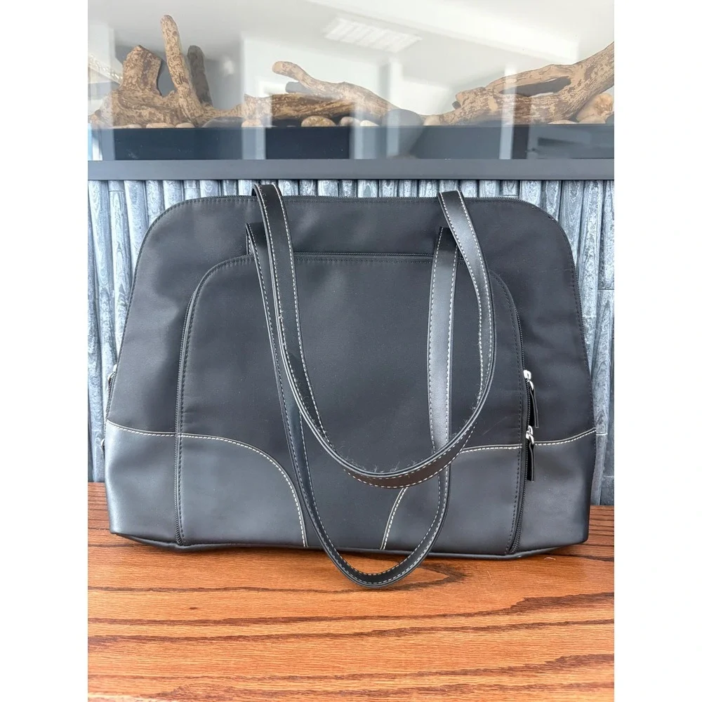 Black Nylon Laptop Tote Bag Pink Lining Professional Work Briefcase Shoulder Bag